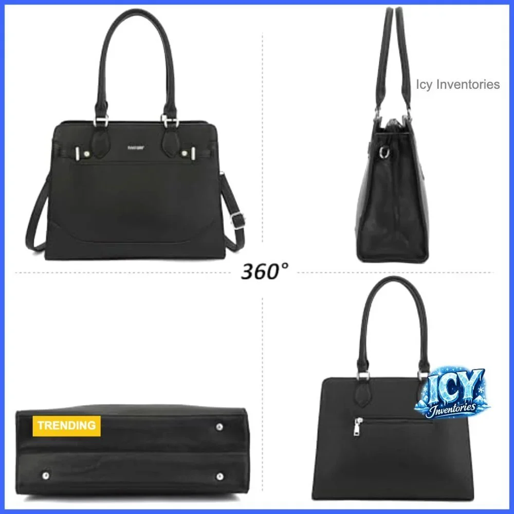 Structured Tote Bag, Vegan Leather Satchel with Pockets for Work